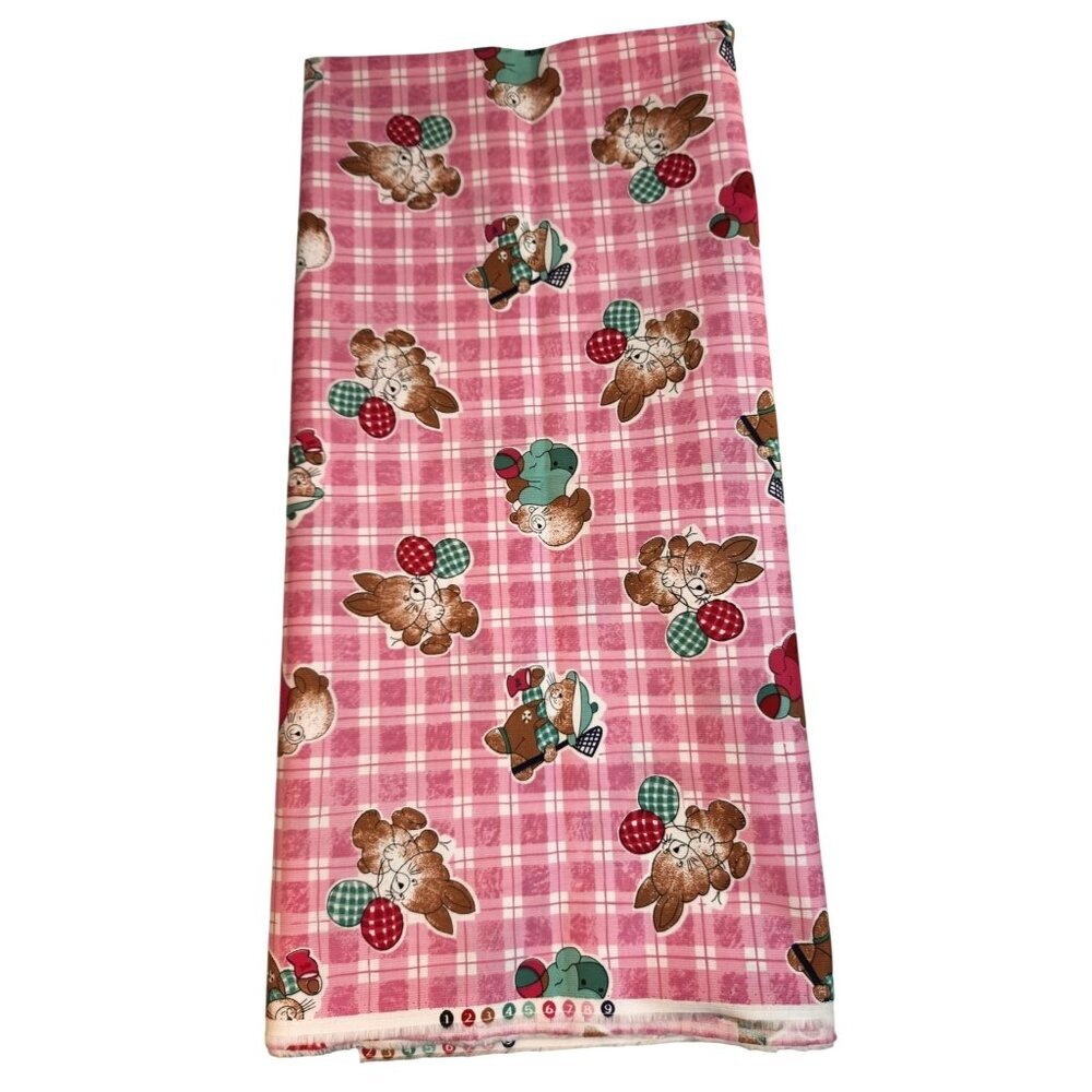 Vintage Pink Bunny Fabric Plaid Cotton Poly Children Novelty Fabric 1.75 Yards S